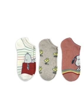 Women's Peanuts-Snoopy & Woodstock Theme No Show Socks, 3-Pack, Shoe Size 4-10